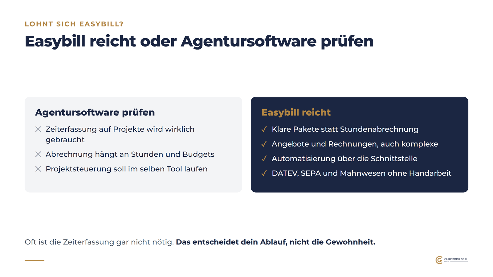 Schaubild: Easybill reicht oder Agentursoftware prüfen, links Zeiterfassung auf Projekte, Abrechnung nach Stunden und Projektsteuerung im selben Tool, rechts klare Pakete, auch komplexe Angebote, Automatisierung über die Schnittstelle sowie DATEV, SEPA und Mahnwesen ohne Handarbeit